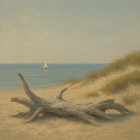 Sun-Bleached Driftwood & Distant Sailboat No. 7 Oil Painting 100% Hand Painted Oil on Belgian Linen Canvas, Original Fine Art Wall Decor