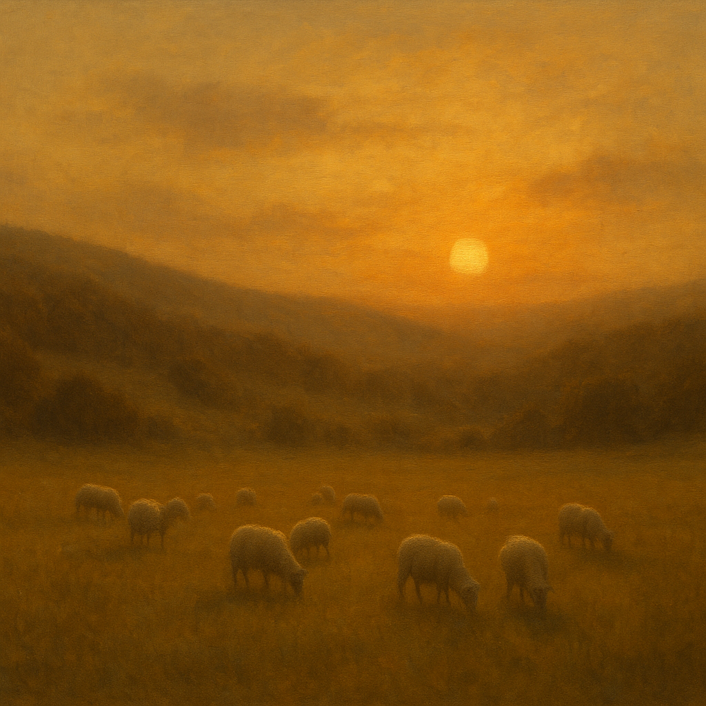 Sunset Grazing Flock in Golden Valley No. 3 Oil Painting - View 1
