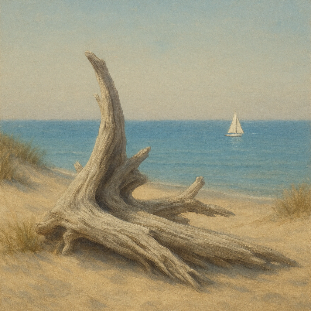 Sun-Bleached Driftwood & Distant Sailboat No. 17 Oil Painting - View 1