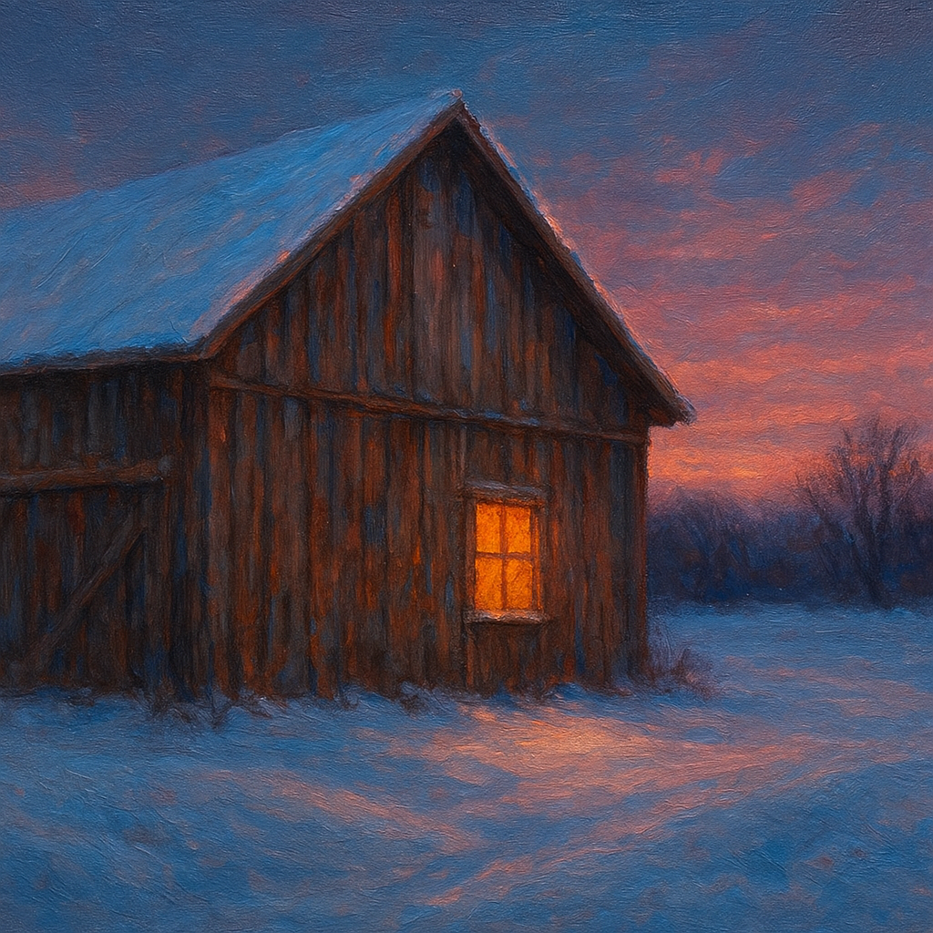 Rustic Wooden Barn in Quiet Winter Twilight No. 7 Fine Art Oil Painting - View 1