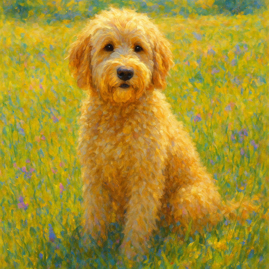 Fluffy Goldendoodle in Sun-Drenched Meadow No. 3 Fine Art Oil Painting - View 1