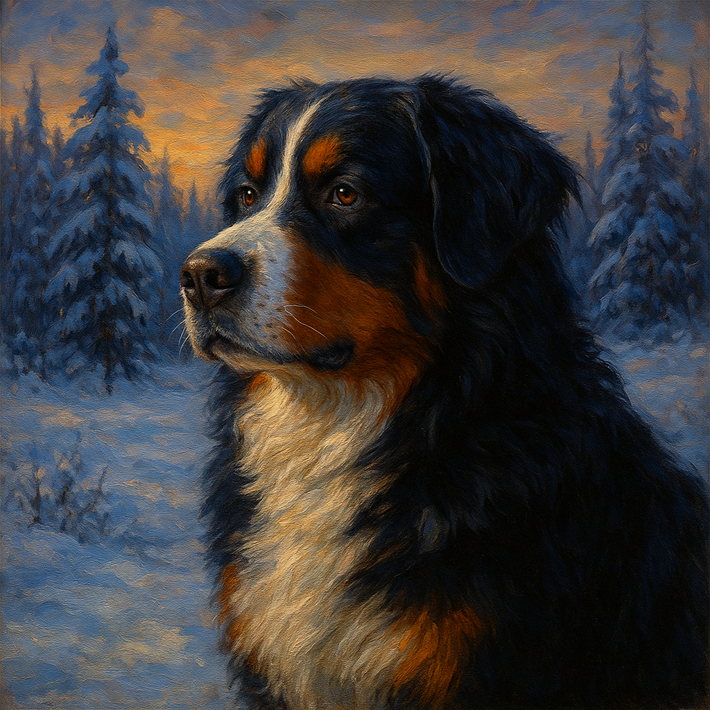 Bernese Mountain Dog in Winter Snowscape No. 3 Fine Art Oil Painting - View 1