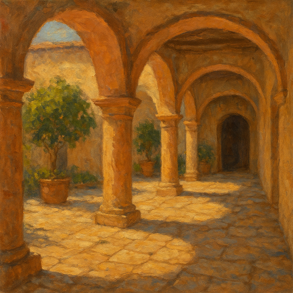 Mediterranean Courtyard Arcade Architectural Oil Painting - 100% Hand-Painted Master Oil Painting