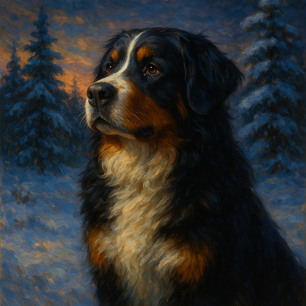 Bernese Mountain Dog in Winter Snowscape No. 4 Fine Art Oil Painting - View 1
