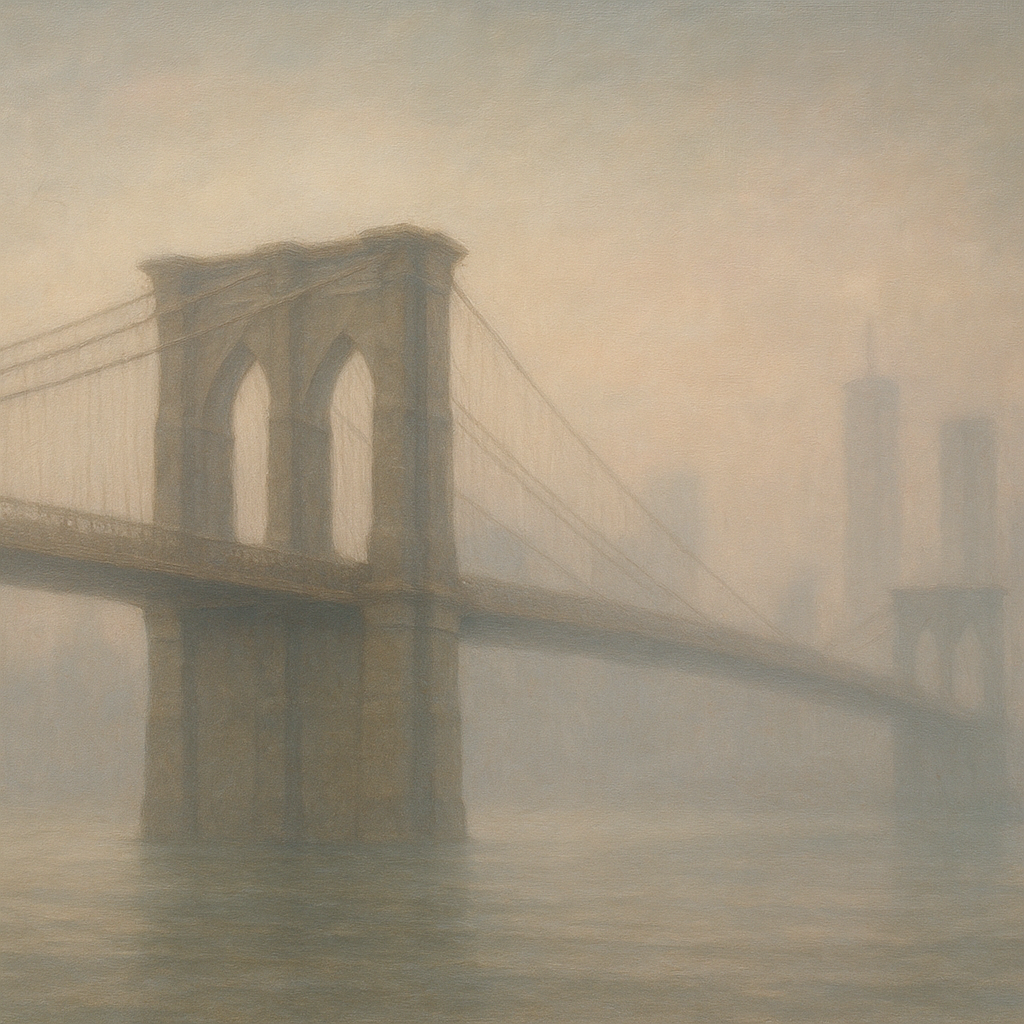 Brooklyn Bridge in Morning River Mist No. 30 Oil Painting 100% Hand Painted Oil on Belgian Linen Canvas, Original Fine Art Wall Decor