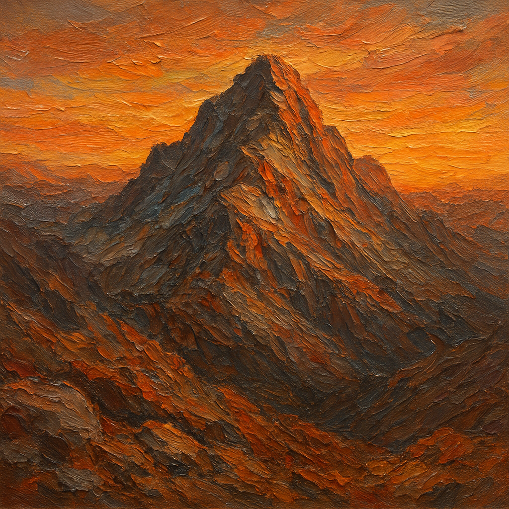 Cragged Summit Sunset Impasto Oil Painting - View 1