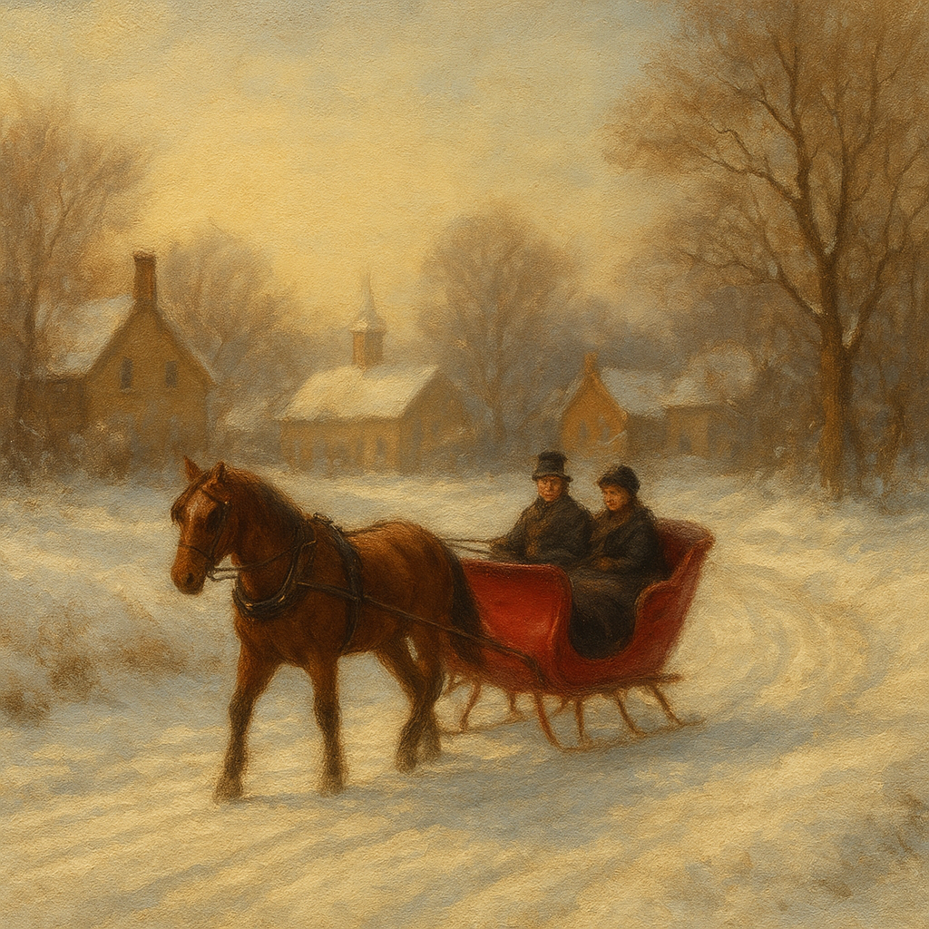 Horse-Drawn Sleigh on Village Snow Road Oil Painting - View 1