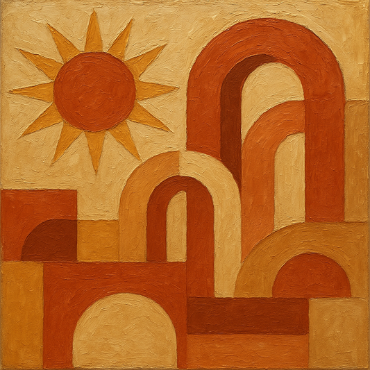 Mid-Century Terracotta Sun & Arches No. 8 Oil Painting - 100% Hand-Painted Master Oil Painting