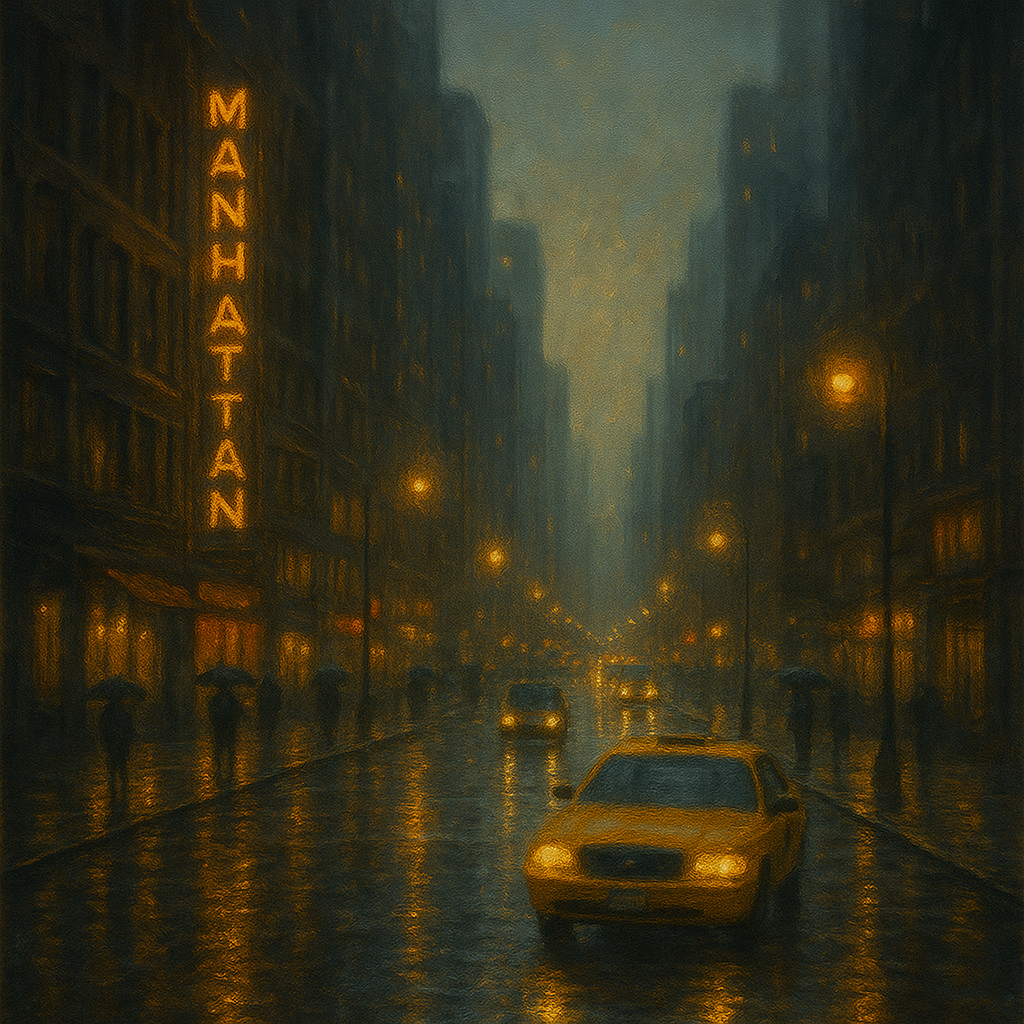 Rain-Drenched Manhattan Avenue Lights No. 28 Oil Painting - View 1