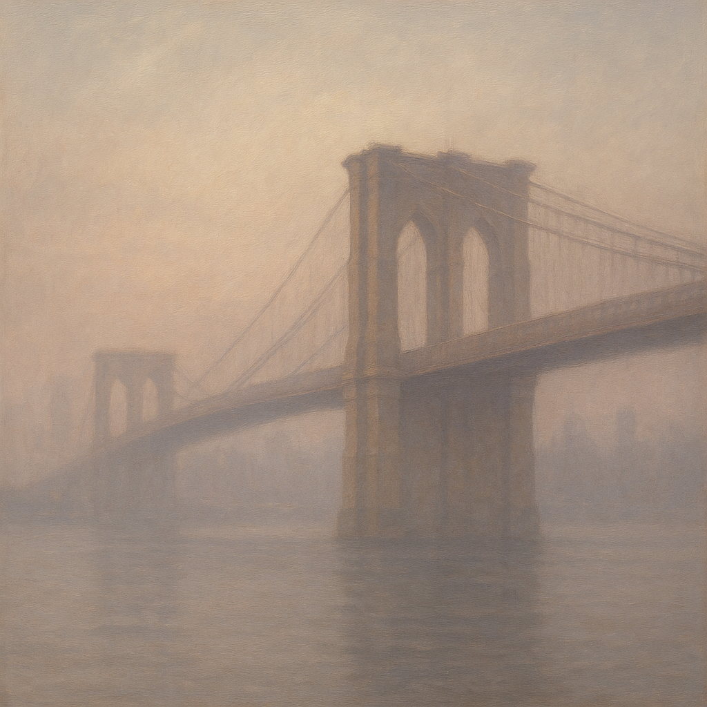 Brooklyn Bridge in Morning River Mist No. 6 Oil Painting - View 1