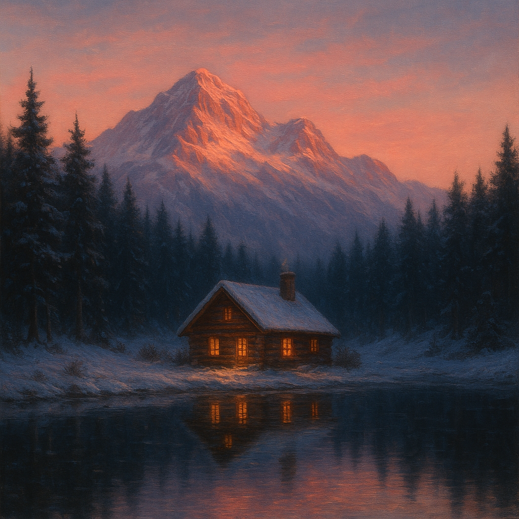 Winter Solstice Mountain Cabin Reflection No. 10 Oil Painting - View 1